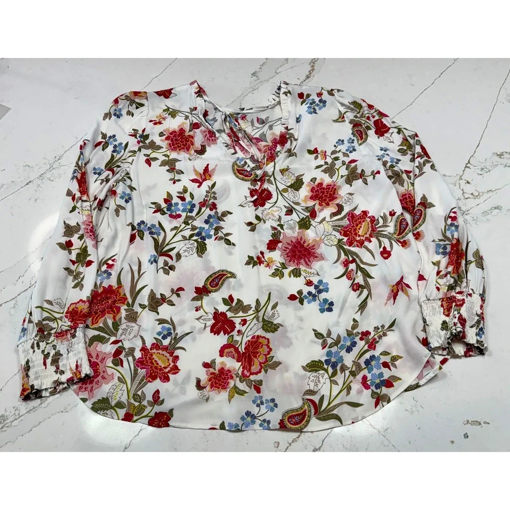 LOFT Floral Print‎ Ruffle Neck Tie Blouse Long Sleeve Women's Size L NWT